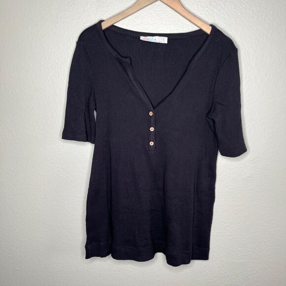 Free People Beach Ribbed Black Over Sized Henley Top Size Med - Picture 8 of 8